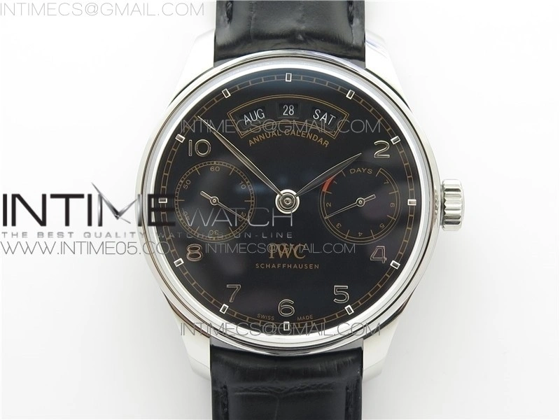 PORTUGUESE REAL PR REAL ANNUAL CALENDAR IW503502 AZF 1:1 BEST EDITION BLACK DIAL ON BLACK LEATHER STRAP A52010