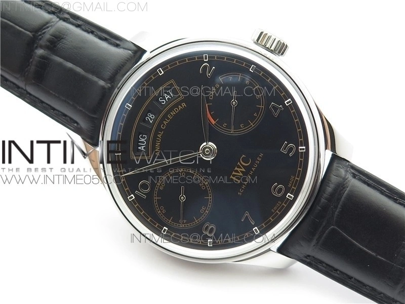 PORTUGUESE REAL PR REAL ANNUAL CALENDAR IW503502 AZF 1:1 BEST EDITION BLACK DIAL ON BLACK LEATHER STRAP A52010