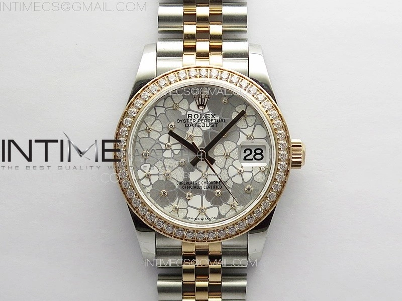 DateJust 31mm 278274 904L SS RG Crystals Bezel GMF Best Edition Silver Flowers Crystals Dial on 904L SS RG