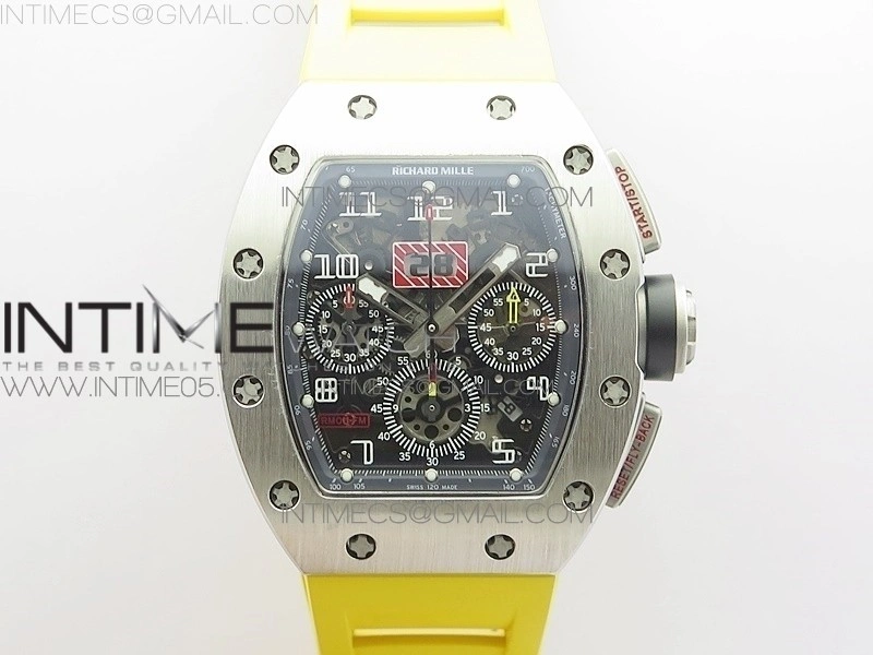 RM11-03 SS KVF 1:1 Best Edition Crystal Skeleton Dial on Yellow Rubber Strap A7750