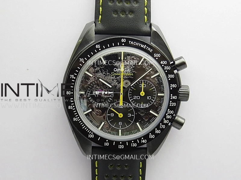 Speedmaster 44mm Ceramic SMF 1:1 Best Edition Black Skeleton Dial Yellow Hands On Black Leather Strap A3869