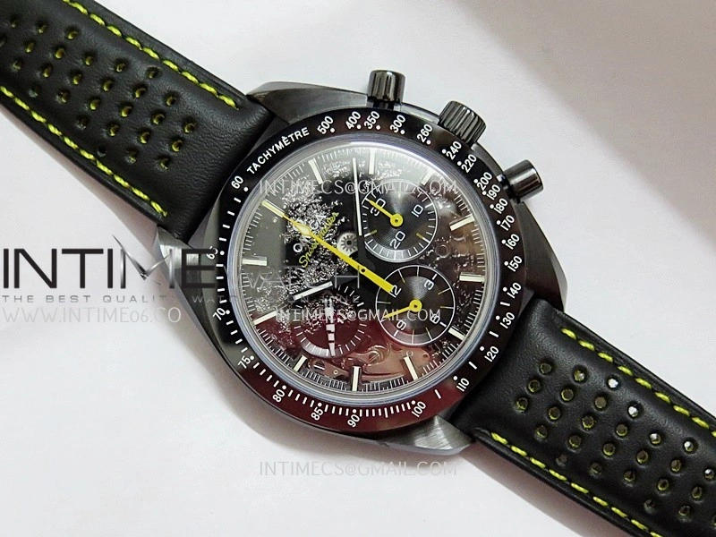 Speedmaster 44mm Ceramic SMF 1:1 Best Edition Black Skeleton Dial Yellow Hands On Black Leather Strap A3869