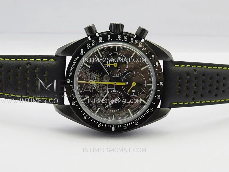Speedmaster 44mm Ceramic SMF 1:1 Best Edition Black Skeleton Dial Yellow Hands On Black Leather Strap A3869