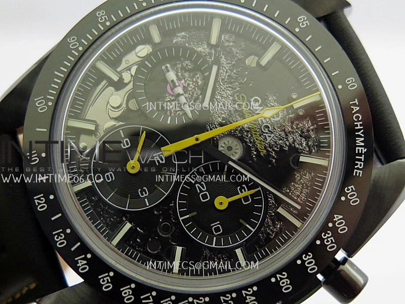 Speedmaster 44mm Ceramic SMF 1:1 Best Edition Black Skeleton Dial Yellow Hands On Black Leather Strap A3869