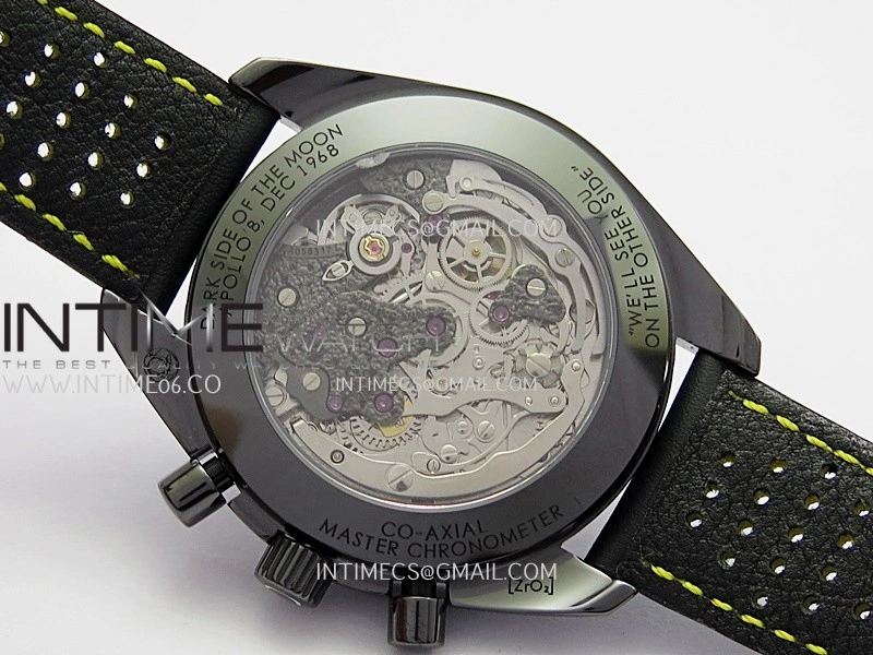 Speedmaster 44mm Ceramic SMF 1:1 Best Edition Black Skeleton Dial Yellow Hands On Black Leather Strap A3869