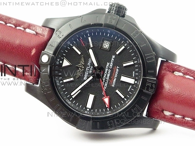 Avenger GMT DLC Black Stick Marker Textured Dial Black Inner bezel on Leather strap A2836