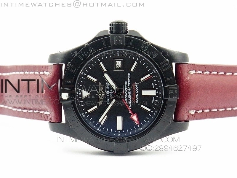 Avenger GMT DLC Black Stick Marker Textured Dial Black Inner bezel on Leather strap A2836