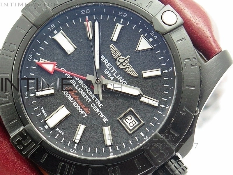 Avenger GMT DLC Black Stick Marker Textured Dial Black Inner bezel on Leather strap A2836