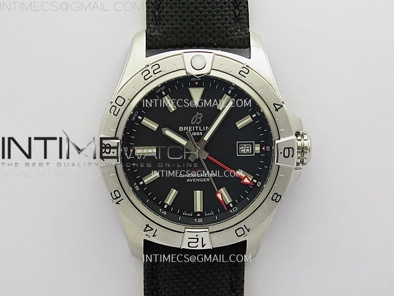 Avenger Chronometer 42mm GMT Red Second Hand SS BLSF 1:1 Best Version Black Dial On Black Nylon Strap A2836