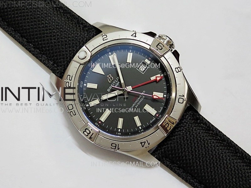 Avenger Chronometer 42mm GMT Red Second Hand SS BLSF 1:1 Best Version Black Dial On Black Nylon Strap A2836