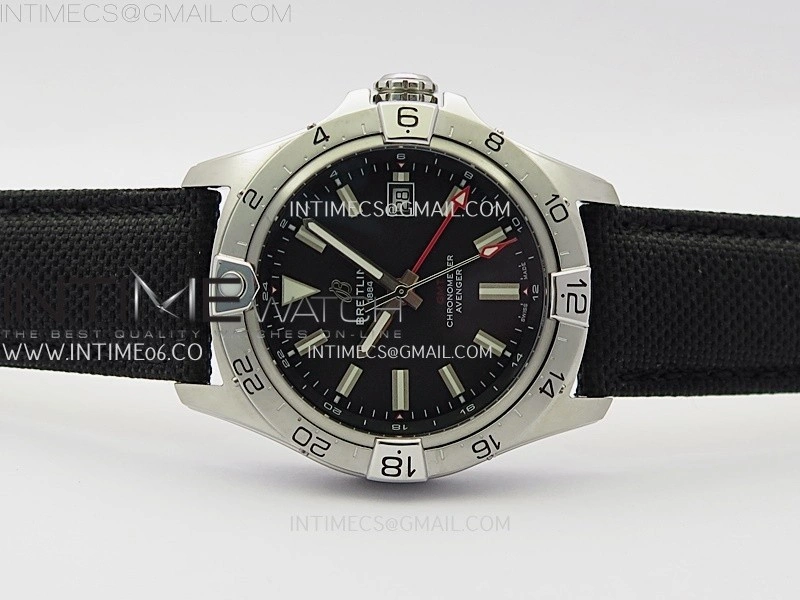 Avenger Chronometer 42mm GMT Red Second Hand SS BLSF 1:1 Best Version Black Dial On Black Nylon Strap A2836