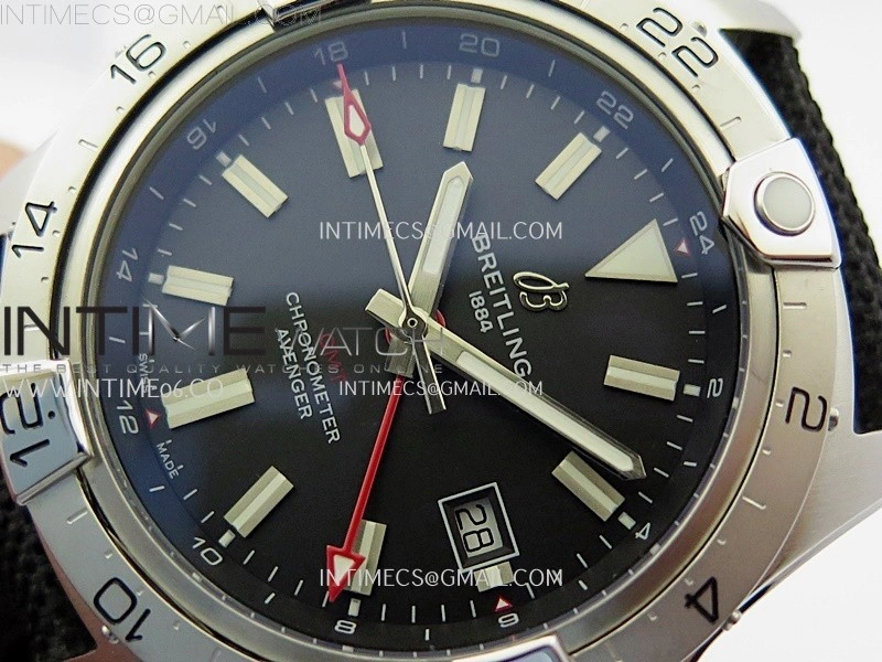 Avenger Chronometer 42mm GMT Red Second Hand SS BLSF 1:1 Best Version Black Dial On Black Nylon Strap A2836
