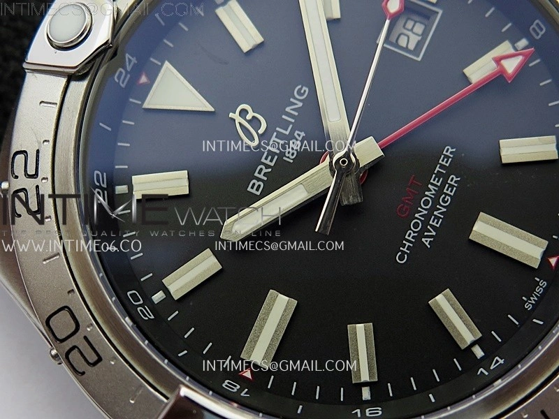 Avenger Chronometer 42mm GMT Red Second Hand SS BLSF 1:1 Best Version Black Dial On Black Nylon Strap A2836