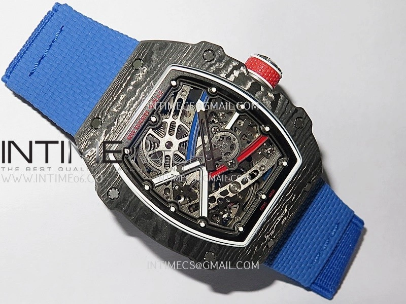 RM67-02 France Black NTPT Umi Office 1:1 Blue Red White Skeleton Dial On Blue Nylon Strap CRMA7 Clone V2