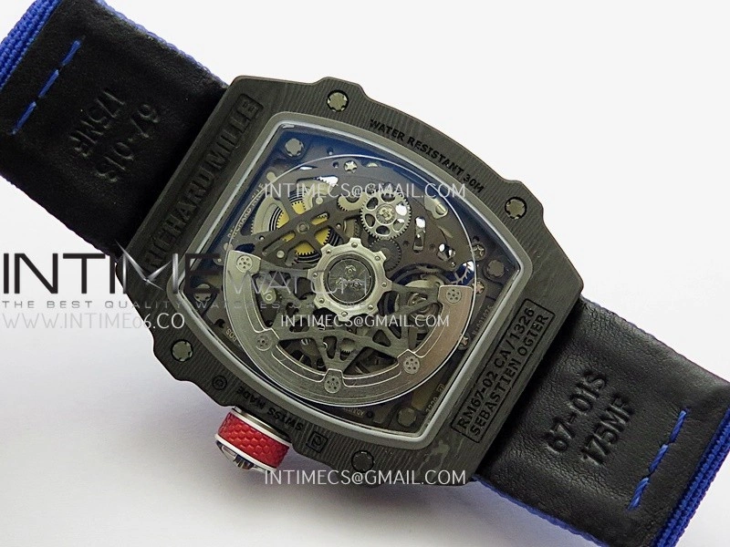 RM67-02 France Black NTPT Umi Office 1:1 Blue Red White Skeleton Dial On Blue Nylon Strap CRMA7 Clone V2