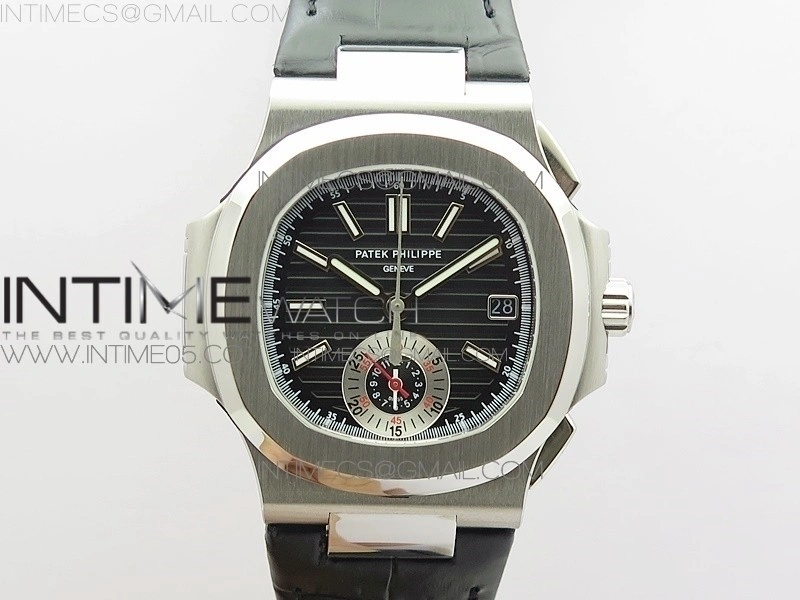 Nautilus 5980 SS 3KF Best Edition Black Dial on Black Leather Strap A7750