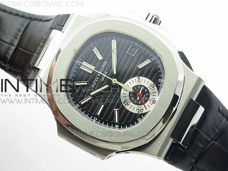 Nautilus 5980 SS 3KF Best Edition Black Dial on Black Leather Strap A7750