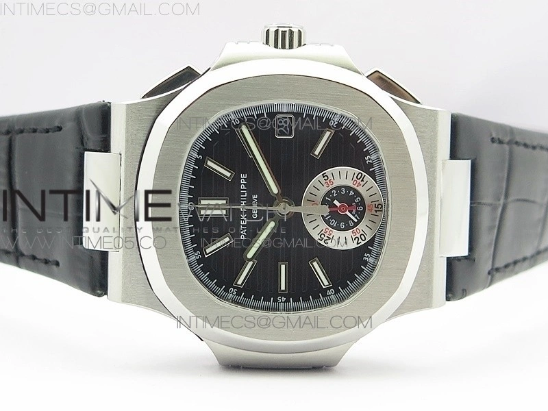 Nautilus 5980 SS 3KF Best Edition Black Dial on Black Leather Strap A7750