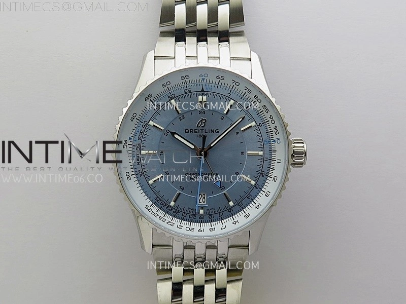 Navitimer 41mm GMT SS BLSF 1:1 Best Edition Ice Blue Dial on SS Bracelet A2836