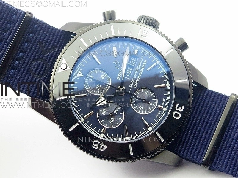 SuperOcean OuterNown 46mm B50 Black Ceramic Bezel Blue Dial on Blue Nylon Strap A7750