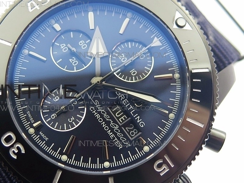 SuperOcean OuterNown 46mm B50 Black Ceramic Bezel Blue Dial on Blue Nylon Strap A7750