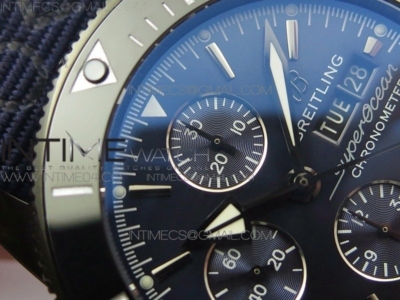 SuperOcean OuterNown 46mm B50 Black Ceramic Bezel Blue Dial on Blue Nylon Strap A7750
