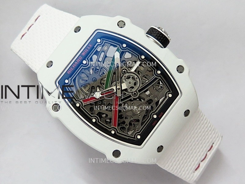 RM67-02 UAE White Ceramic Black Crown Umi Office 1:1 Beat Edition Black Red Green Skeleton Dial On White Strap CRMA7 Clone V2