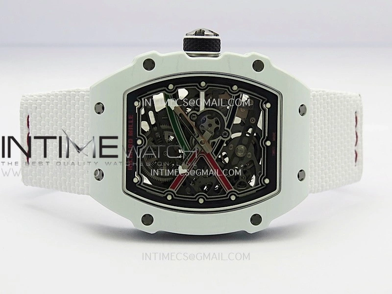 RM67-02 UAE White Ceramic Black Crown Umi Office 1:1 Beat Edition Black Red Green Skeleton Dial On White Strap CRMA7 Clone V2