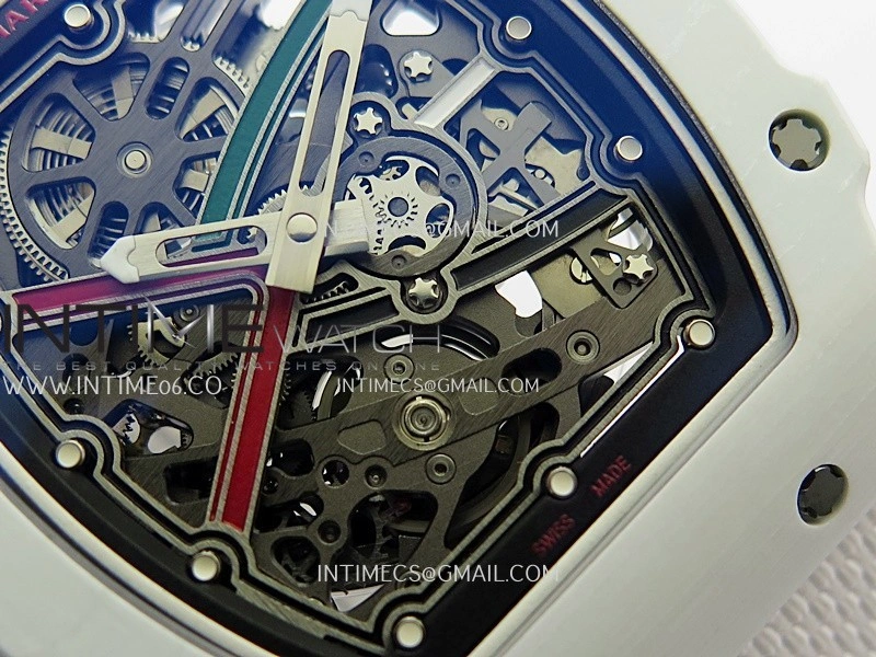 RM67-02 UAE White Ceramic Black Crown Umi Office 1:1 Beat Edition Black Red Green Skeleton Dial On White Strap CRMA7 Clone V2
