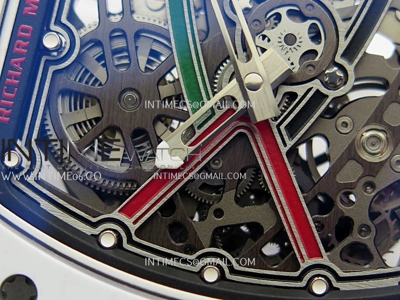 RM67-02 UAE White Ceramic Black Crown Umi Office 1:1 Beat Edition Black Red Green Skeleton Dial On White Strap CRMA7 Clone V2
