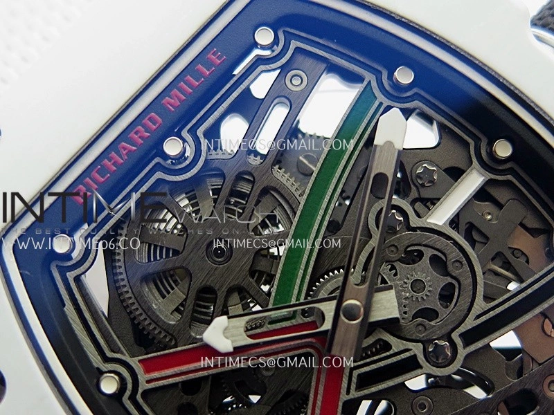 RM67-02 UAE White Ceramic Black Crown Umi Office 1:1 Beat Edition Black Red Green Skeleton Dial On White Strap CRMA7 Clone V2