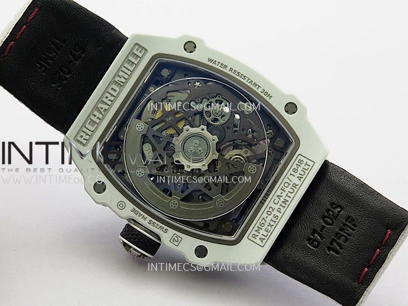 RM67-02 UAE White Ceramic Black Crown Umi Office 1:1 Beat Edition Black Red Green Skeleton Dial On White Strap CRMA7 Clone V2