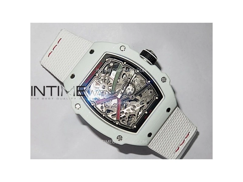 RM67-02 UAE White Ceramic Black Crown Umi Office 1:1 Beat Edition Black Red Green Skeleton Dial On White Strap CRMA7 Clone V2