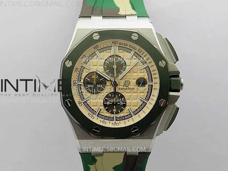 Royal Oak Offshore 44mm SS TKF 1:1 Best Edition Cream Dial on Green Camo Rubber Strap A3126