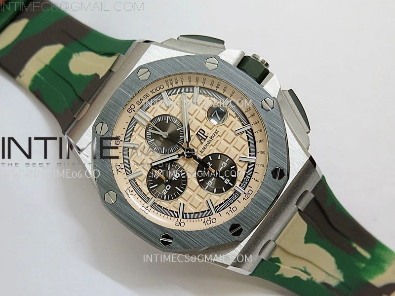 Royal Oak Offshore 44mm SS TKF 1:1 Best Edition Cream Dial on Green Camo Rubber Strap A3126