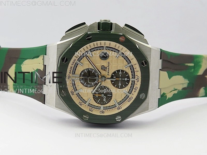 Royal Oak Offshore 44mm SS TKF 1:1 Best Edition Cream Dial on Green Camo Rubber Strap A3126