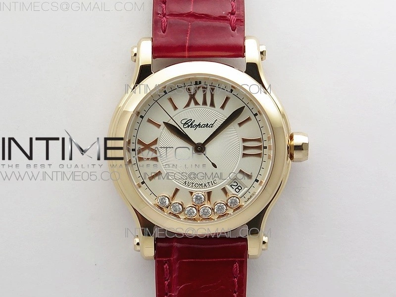 HAPPY SPORT AUTOMATIC RG 36MM YYF 1:1 BEST EDITION WHITE DIAL ON RED LEATHER STRAP A2892