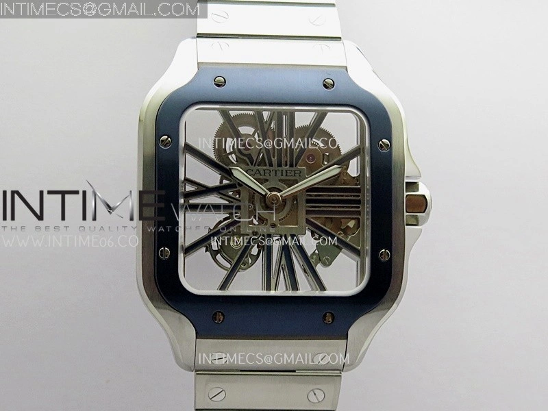 Santos Skeleton SS Blue PVD Bezel RICH 1:1 Skeleton Blue Dial On SS SmartLink Bracelet 9611MC Super Clone