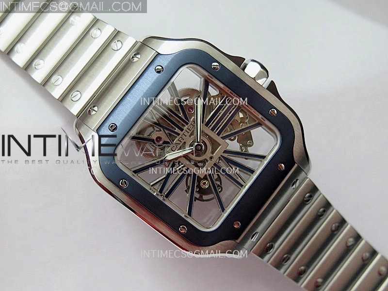 Santos Skeleton SS Blue PVD Bezel RICH 1:1 Skeleton Blue Dial On SS SmartLink Bracelet 9611MC Super Clone