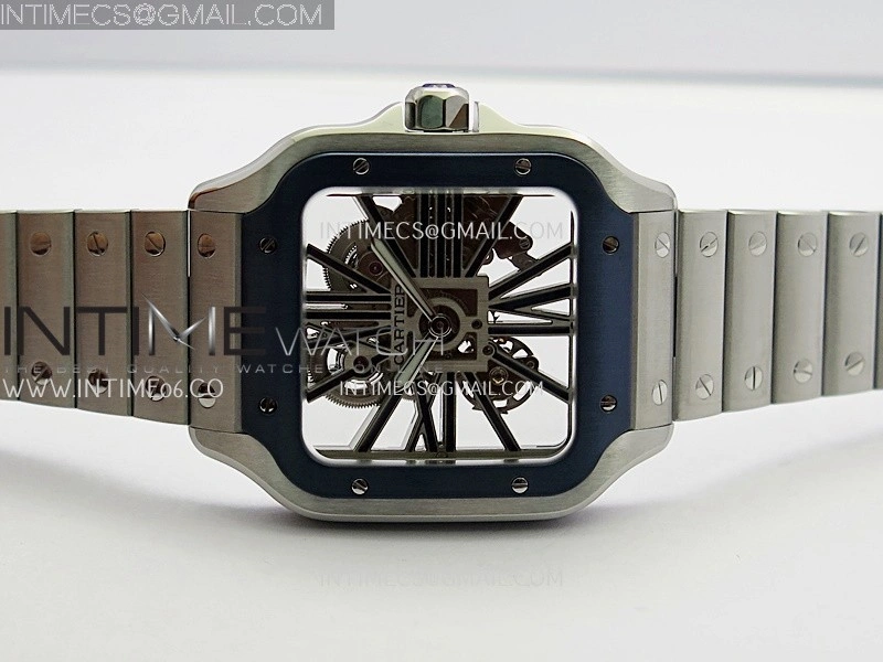 Santos Skeleton SS Blue PVD Bezel RICH 1:1 Skeleton Blue Dial On SS SmartLink Bracelet 9611MC Super Clone