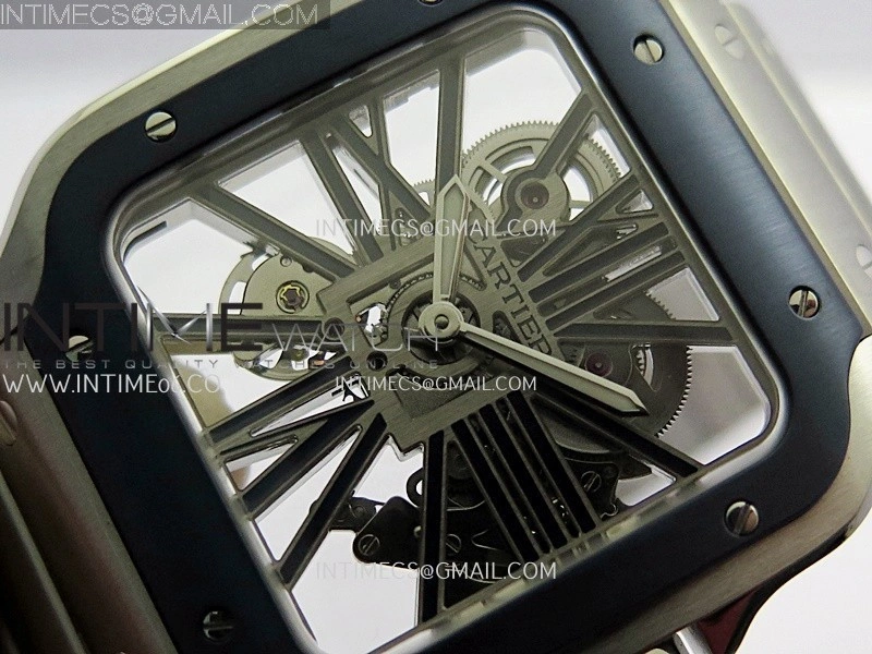 Santos Skeleton SS Blue PVD Bezel RICH 1:1 Skeleton Blue Dial On SS SmartLink Bracelet 9611MC Super Clone