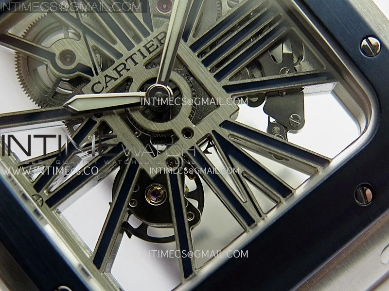 Santos Skeleton SS Blue PVD Bezel RICH 1:1 Skeleton Blue Dial On SS SmartLink Bracelet 9611MC Super Clone