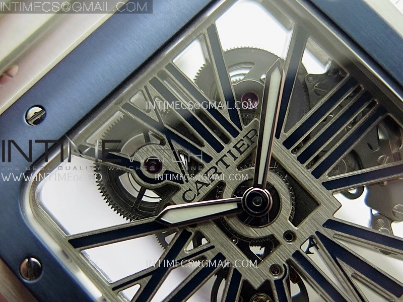 Santos Skeleton SS Blue PVD Bezel RICH 1:1 Skeleton Blue Dial On SS SmartLink Bracelet 9611MC Super Clone