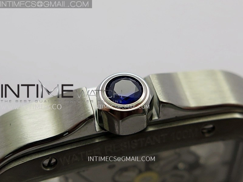 Santos Skeleton SS Blue PVD Bezel RICH 1:1 Skeleton Blue Dial On SS SmartLink Bracelet 9611MC Super Clone