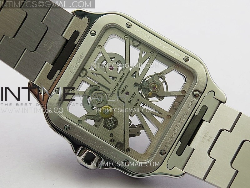 Santos Skeleton SS Blue PVD Bezel RICH 1:1 Skeleton Blue Dial On SS SmartLink Bracelet 9611MC Super Clone