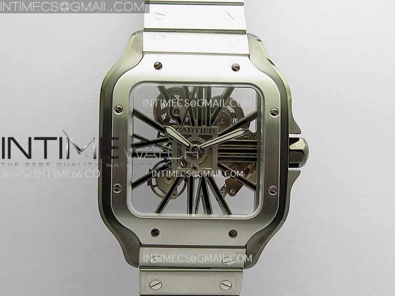 Santos Skeleton Black PVD Case RICH 1:1 Skeleton Black Dial On SS SmartLink Bracelet 9611MC Super Clone