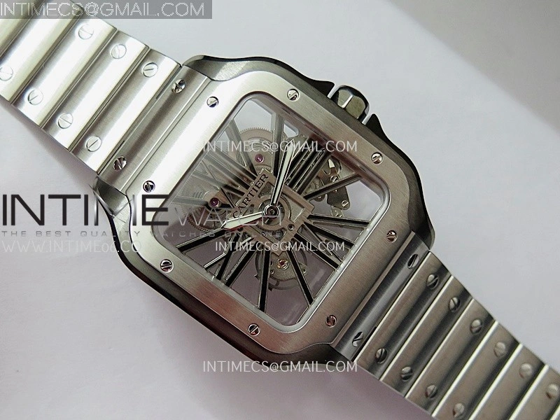 Santos Skeleton Black PVD Case RICH 1:1 Skeleton Black Dial On SS SmartLink Bracelet 9611MC Super Clone