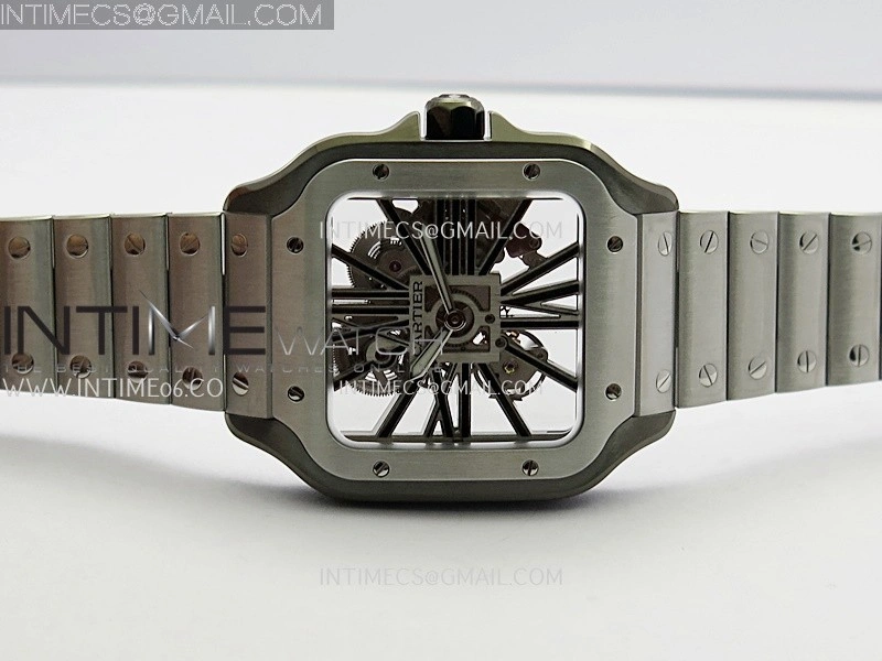 Santos Skeleton Black PVD Case RICH 1:1 Skeleton Black Dial On SS SmartLink Bracelet 9611MC Super Clone