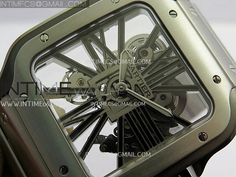 Santos Skeleton Black PVD Case RICH 1:1 Skeleton Black Dial On SS SmartLink Bracelet 9611MC Super Clone
