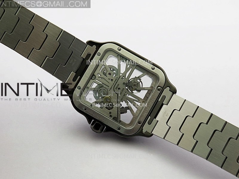 Santos Skeleton Black PVD Case RICH 1:1 Skeleton Black Dial On SS SmartLink Bracelet 9611MC Super Clone